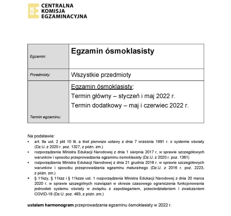 informacja o terminie egzamiu ósmoklasisty